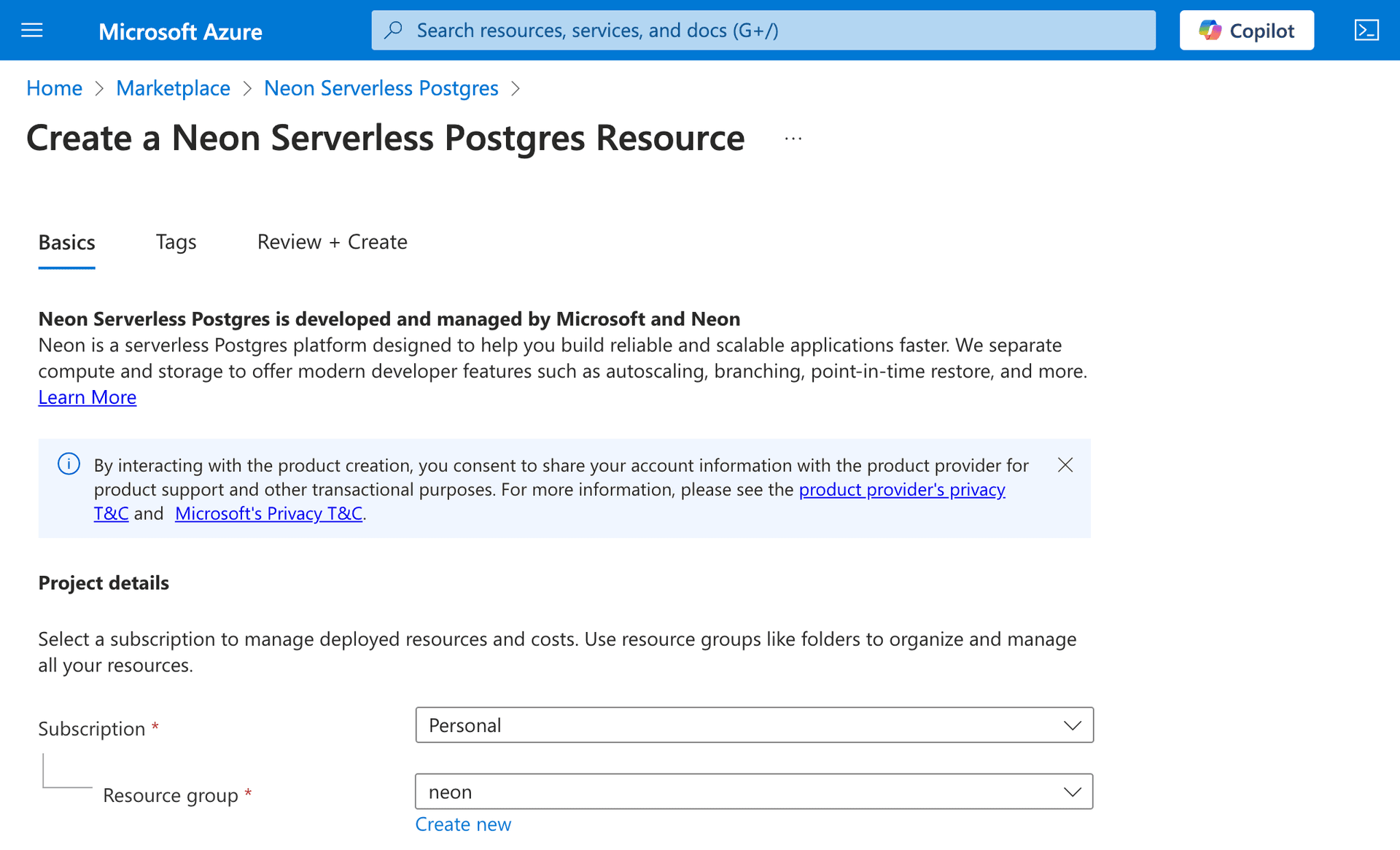 Neon Resource Configuration on Azure